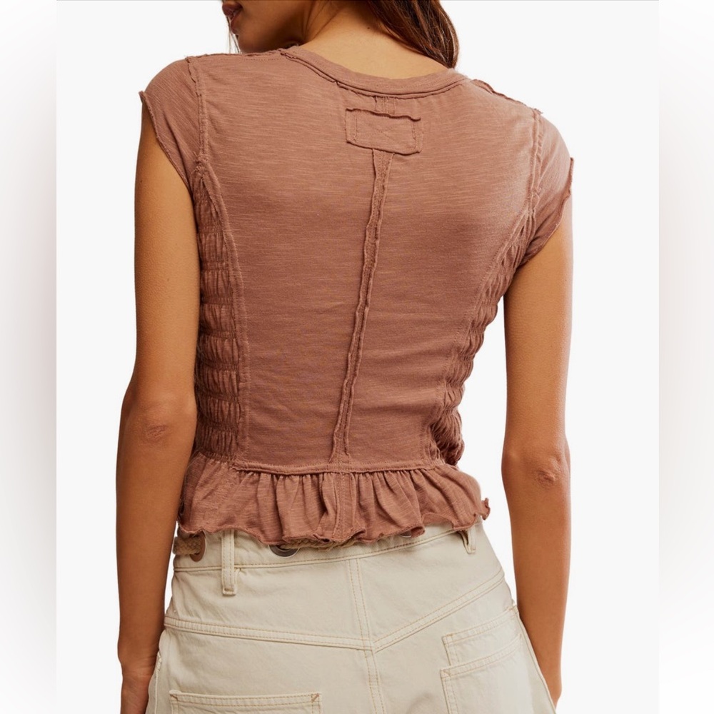 Free People NWT Sylvie Cap Sleeve Crewneck Cotton Blend Smocked Top large